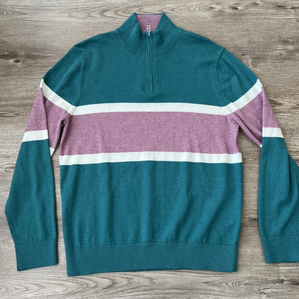 Bonobos Quarter Zip Sweater Stripe Pullover Mens Medium Teal Cotton Blend